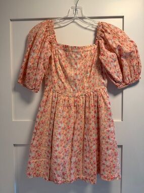 American Eagle Outfitters Peach-Pink Floral Puff Sleeve Mini Dress
